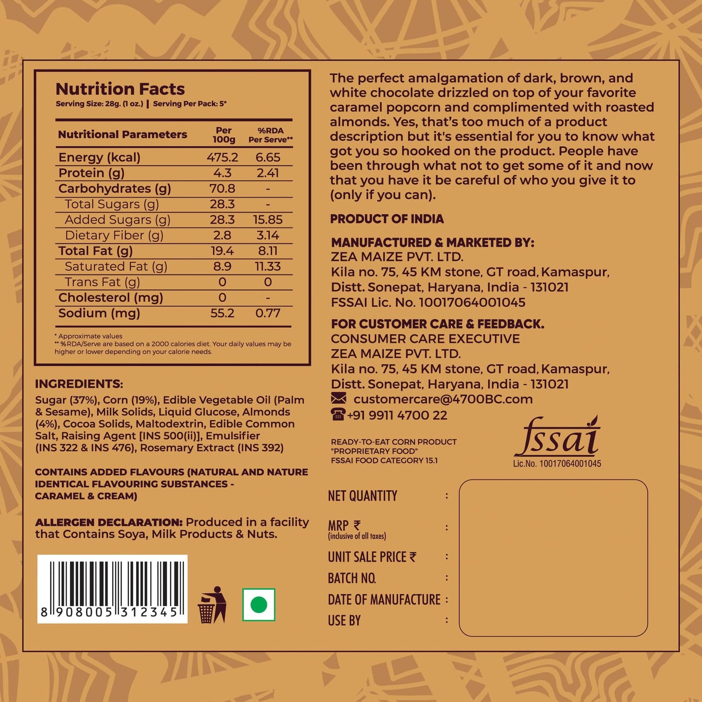 4700bc nutty tuxedo chocolate popcorn nutrition facts - Non-GMO corn, no Cholesterol, Trans-fat, or Gluten, and no MSG