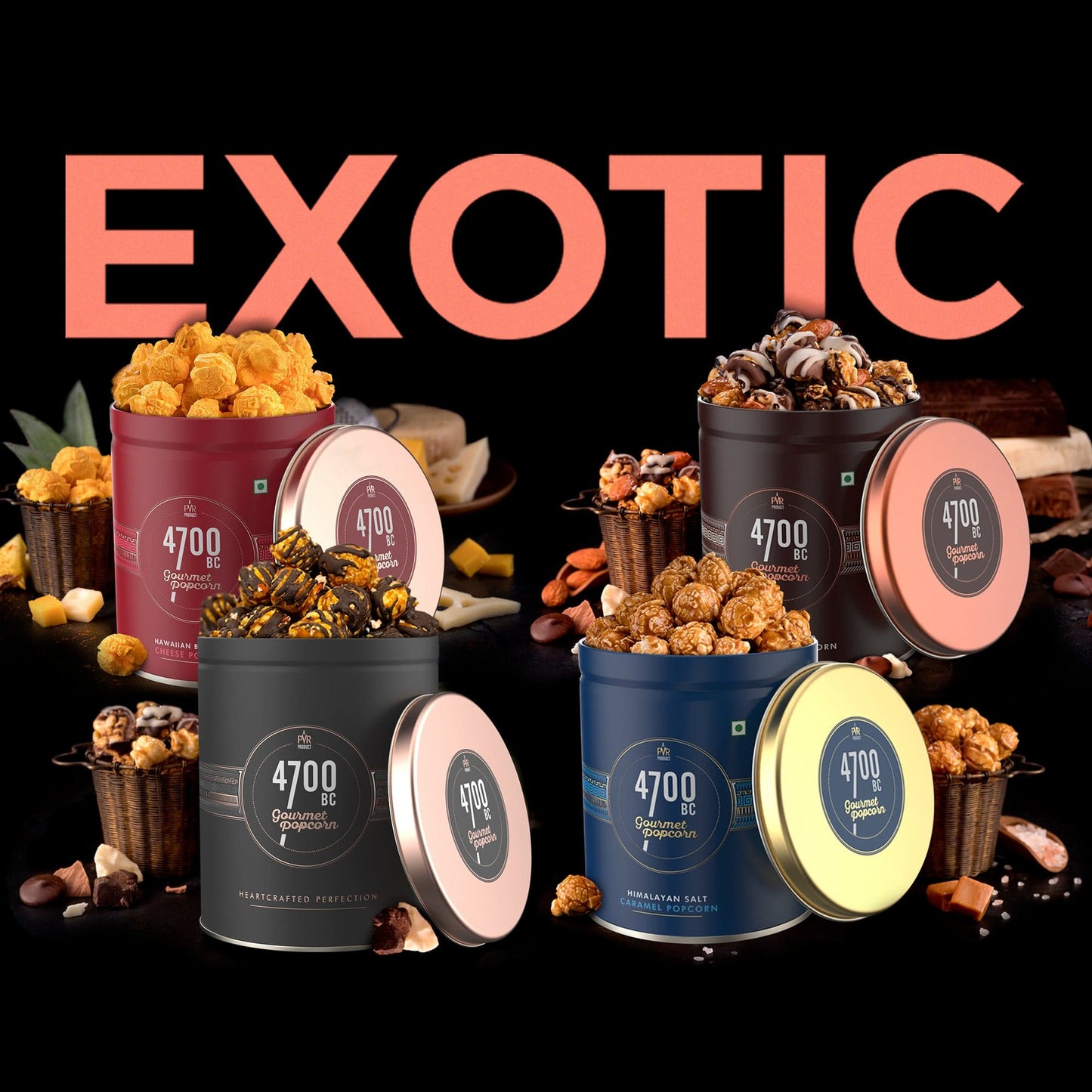 Bestsellers of 4700BC Gourmet Popcorn: Hawaiian Barbeque Cheese, Mocha Walnut Chocolate, Himalayan Salt Caramel, and Nutty Tuxedo Chocolate popcorn