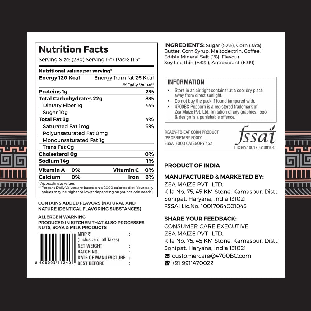 Nutrition facts for 4700BC Himalayan Salt Caramel popcorn.