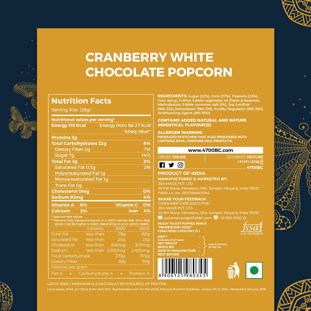 4700BC cranberry white chocolate gourmet popcorn full nutrition information