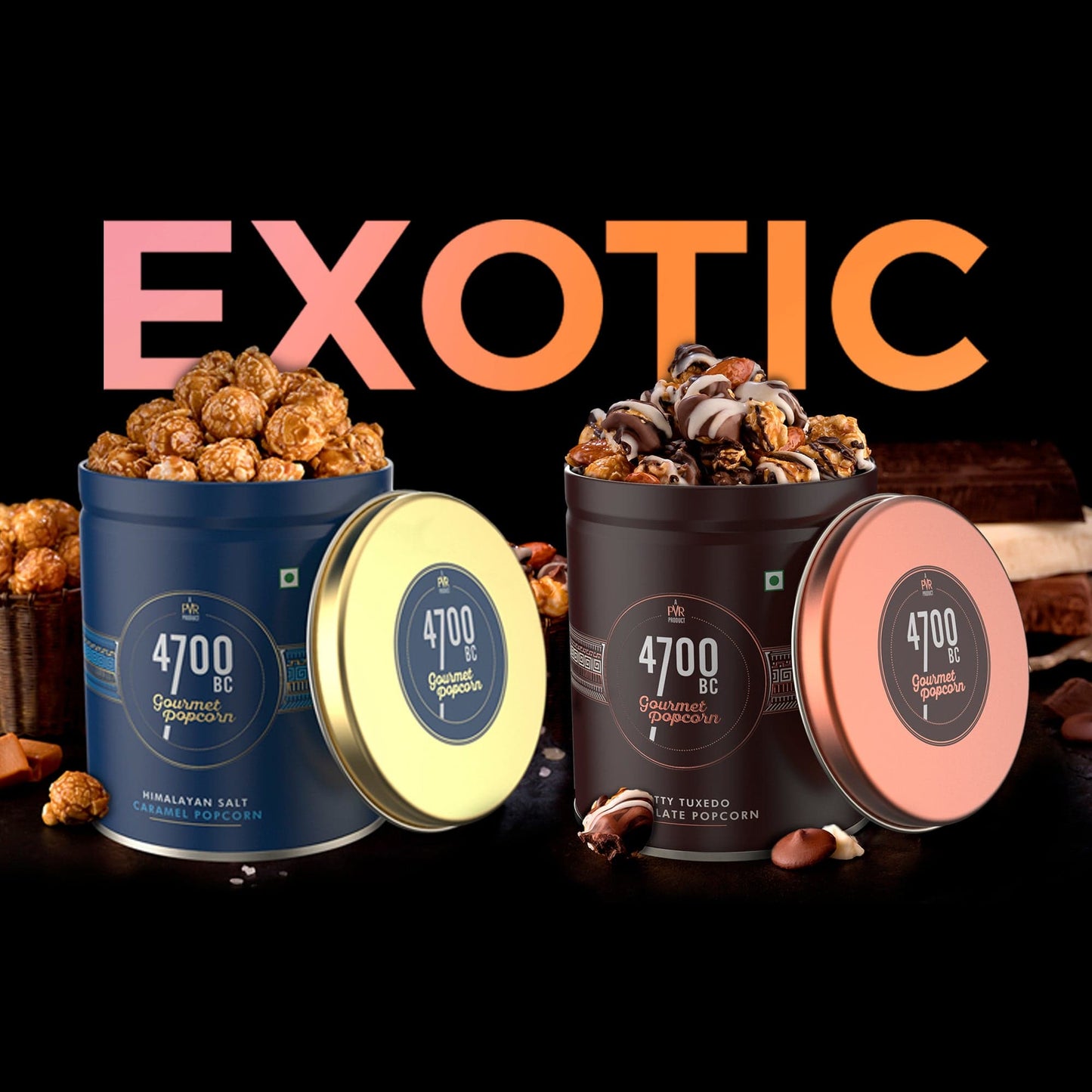 Exquisite 4700BC caramel & chocolate popcorn tins.