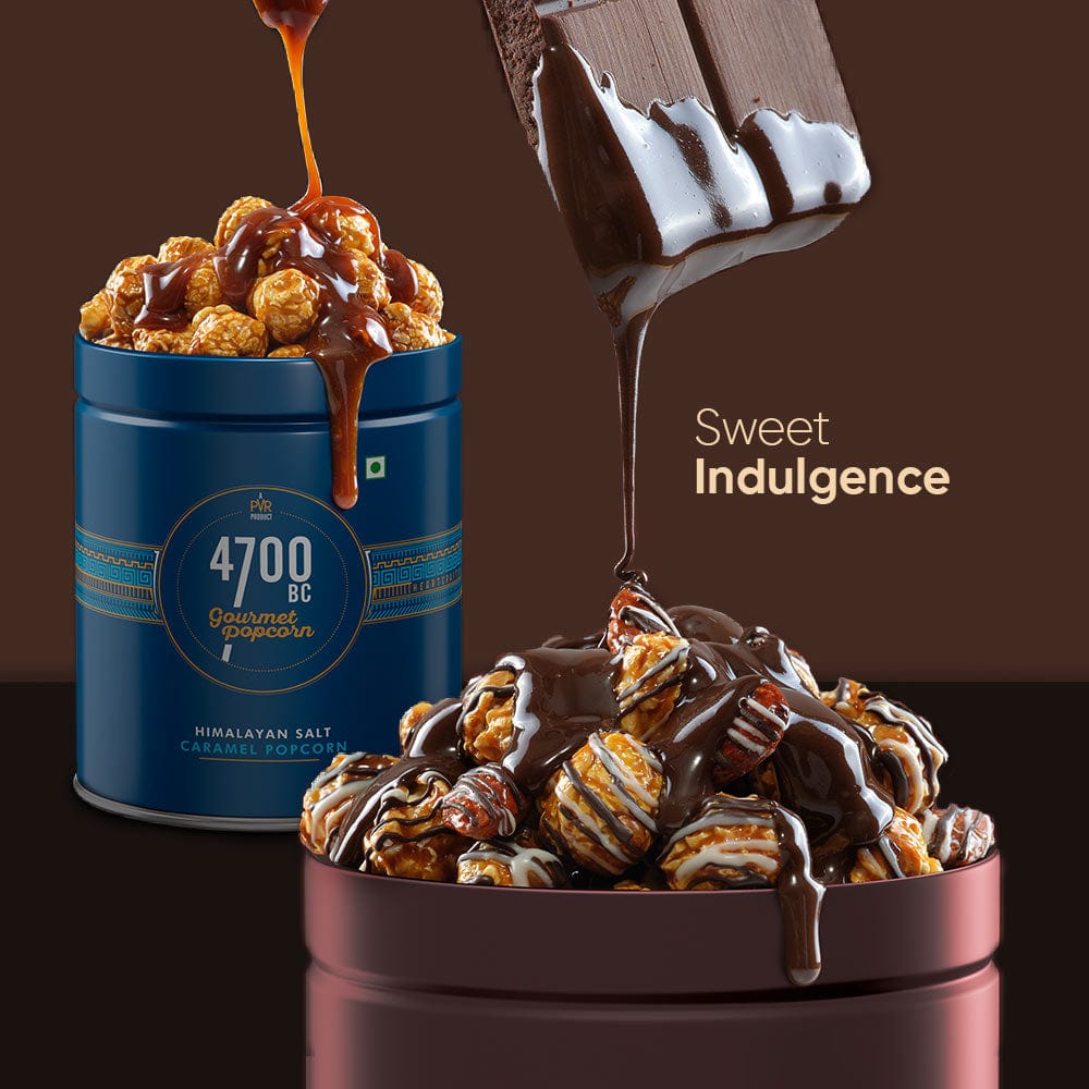 Indulge in sweet bliss with 4700BC Himalayan Salt Caramel & Nutty Tuxedo Chocolate popcorn. Irresistible gourmet popcorn flavours for a delightful snacking experience!