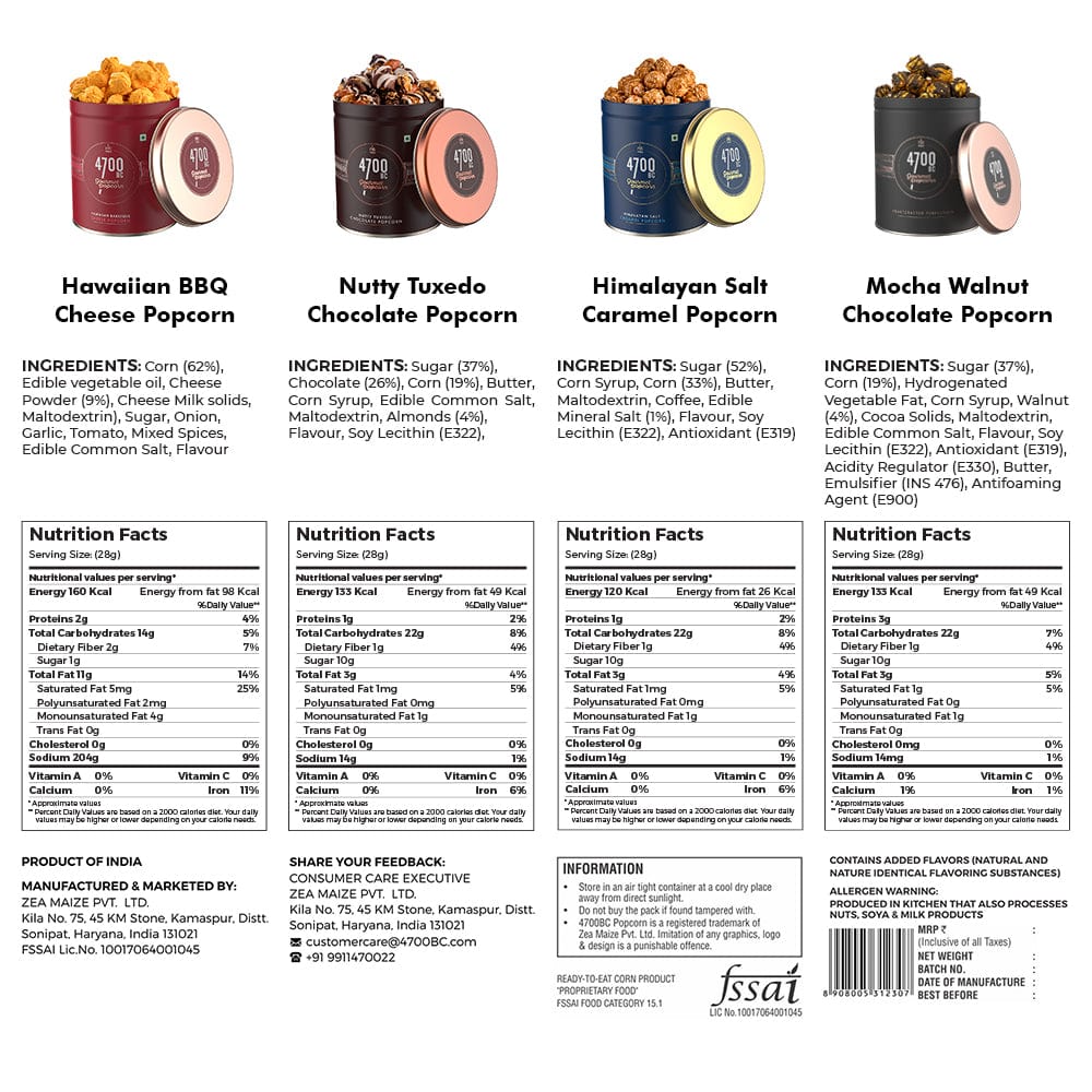 Nutritional values of 4700BC Gourmet Popcorn Tins