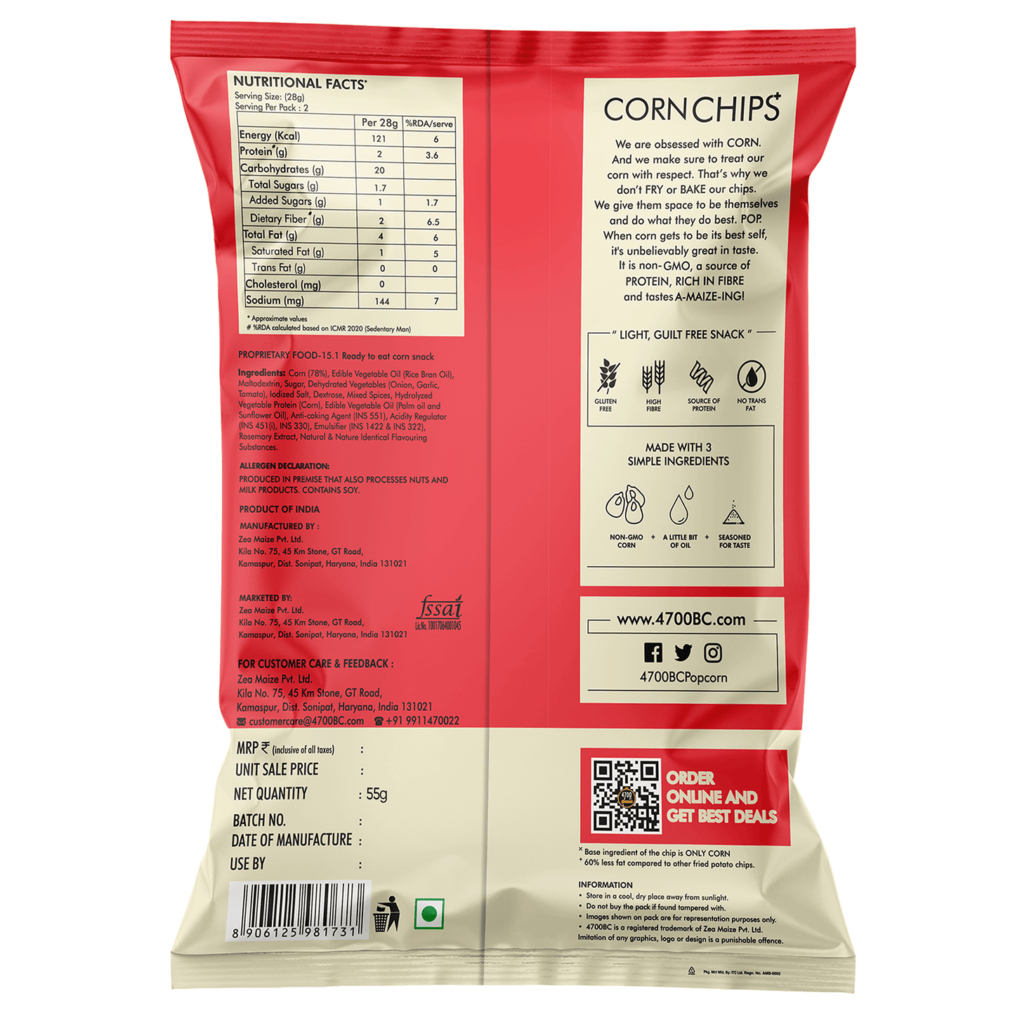 Chips+, Hawaiian Barbeque, Popped, 100% Corn-Based (Pack of 6, 55g)