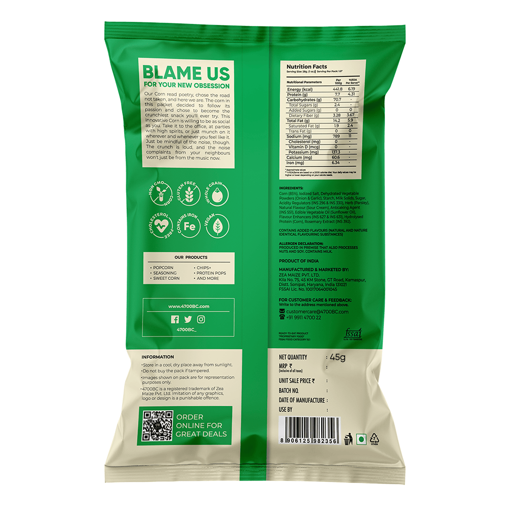 Crunchy Corn, Sour Cream & Onion (Pack of 8, 45g)