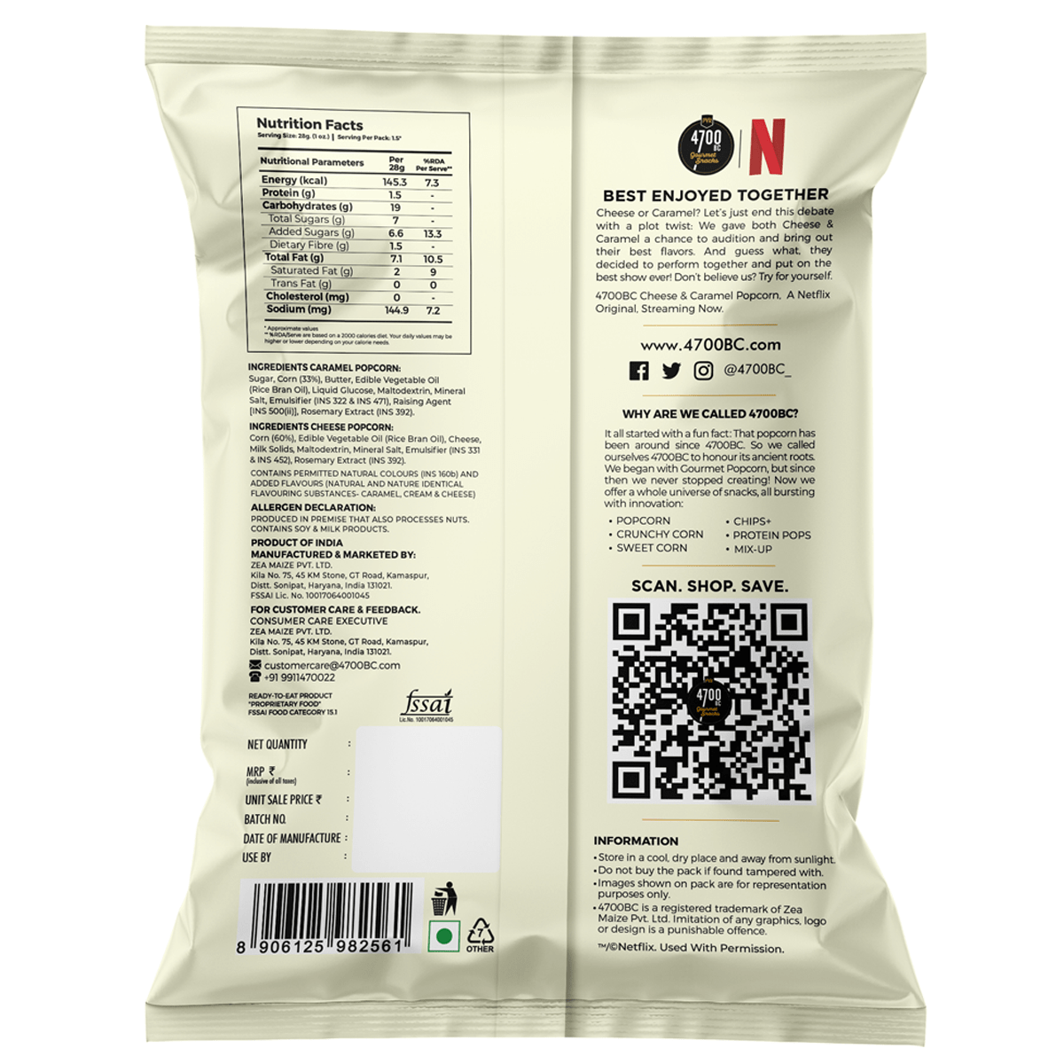 4700BC x Netflix, Cheese & Caramel Gourmet Popcorn, 50g (Pack of 6)