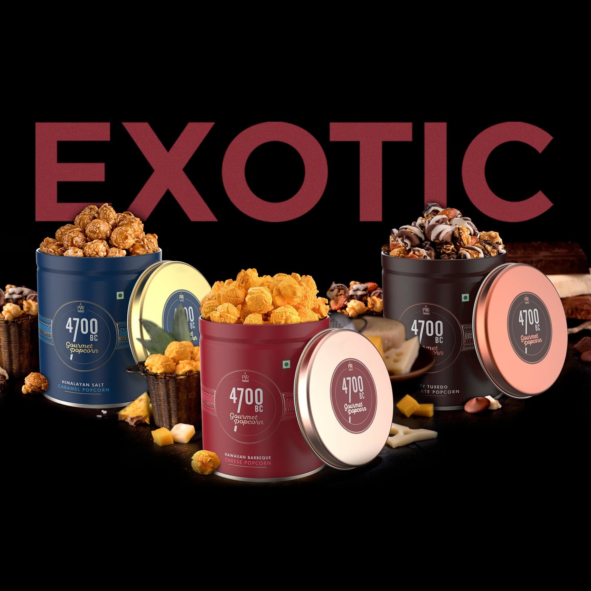 Bestsellers of 4700BC- All in one! Assortment of Chocolate, Caramel & Cheese Popcorn.